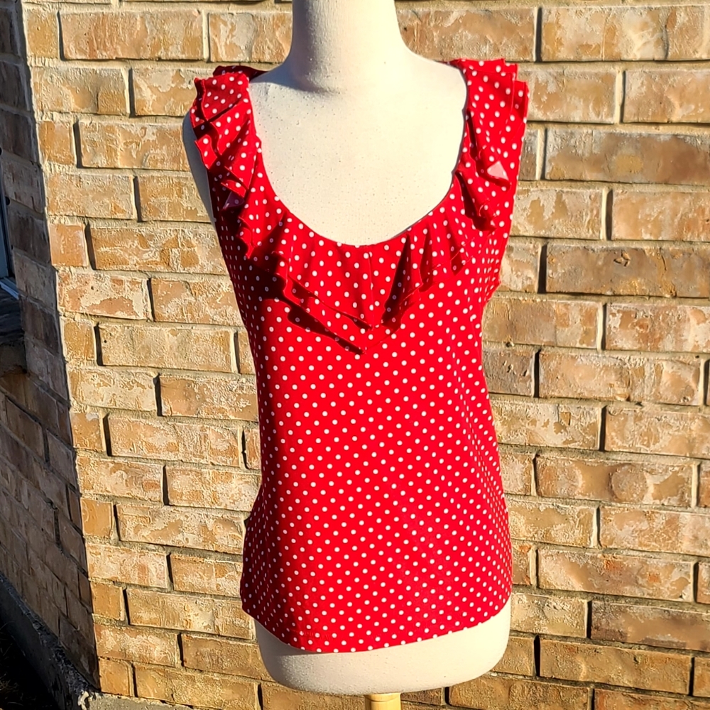 Chaps ruffle red polka dot top